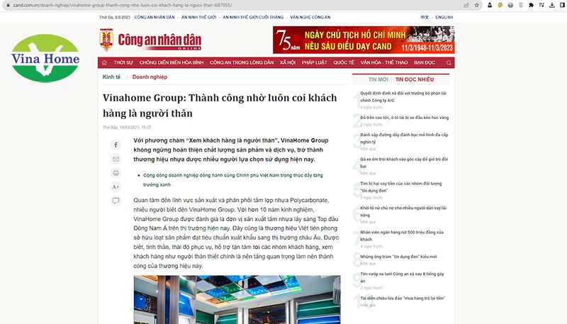 [Báo Công An Nhân Dân] Vinahome Group: Thành công nhờ luôn coi khách hàng là người thân