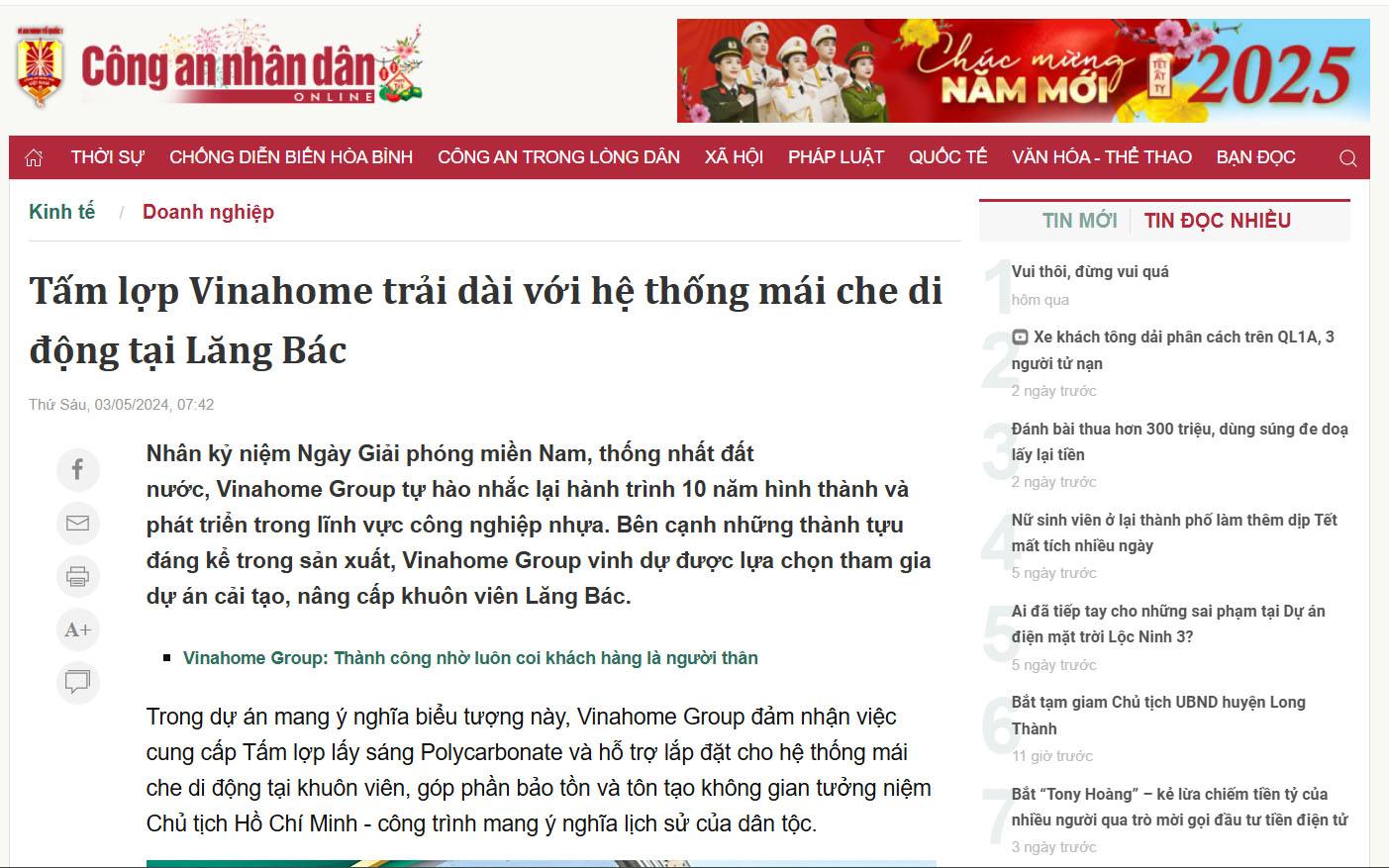 [Báo CAND] Tấm lợp Vinahome trải dài với hệ thống mái che di động tại Lăng Bác