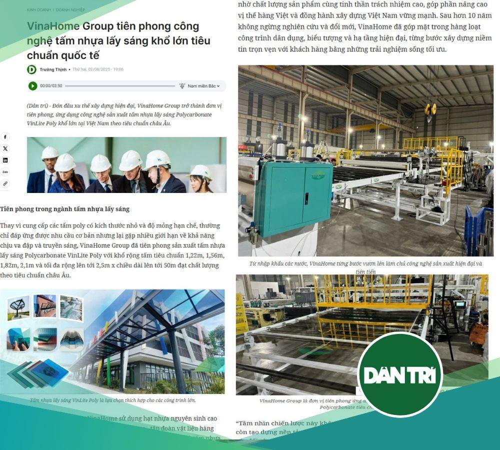 [BÁO DÂN TRÍ] VinaHome Group tiên phong công nghệ tấm nhựa lấy sáng khổ lớn tiêu chuẩn quốc tế