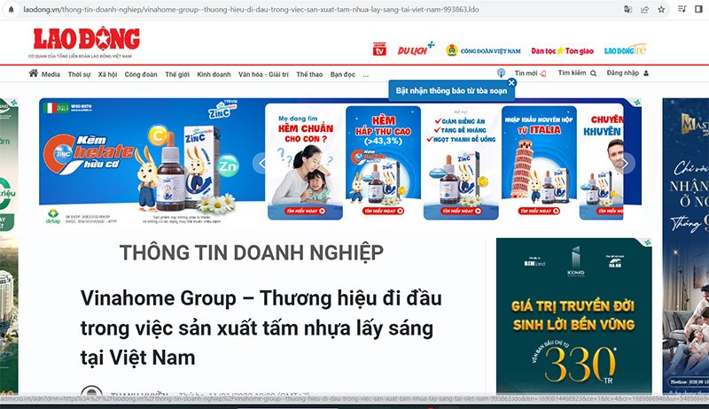 [Báo Lao Động] Vinahome Group – Thương hiệu đi đầu trong việc sản xuất tấm nhựa lấy sáng tại Việt Nam