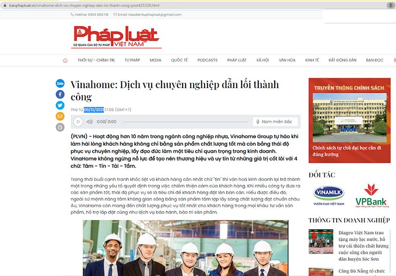[Báo Pháp Luật] VinaHome: Dịch vụ chuyên nghiệp dẫn lối thành công