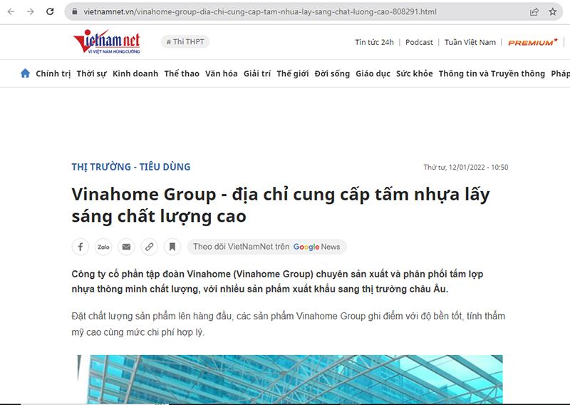 [Vietnam net] Vinahome Group - Địa chỉ cung cấp tấm nhựa lấy sáng chất lượng cao