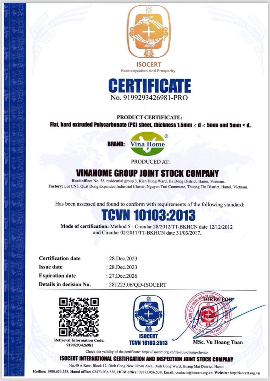 Chứng nhận chất lượng tấm polycarbonate